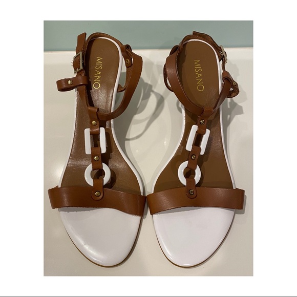 MISANO TAN WEDGE ITALIAN LEATHER T BAR SANDALS - Picture 2 of 9